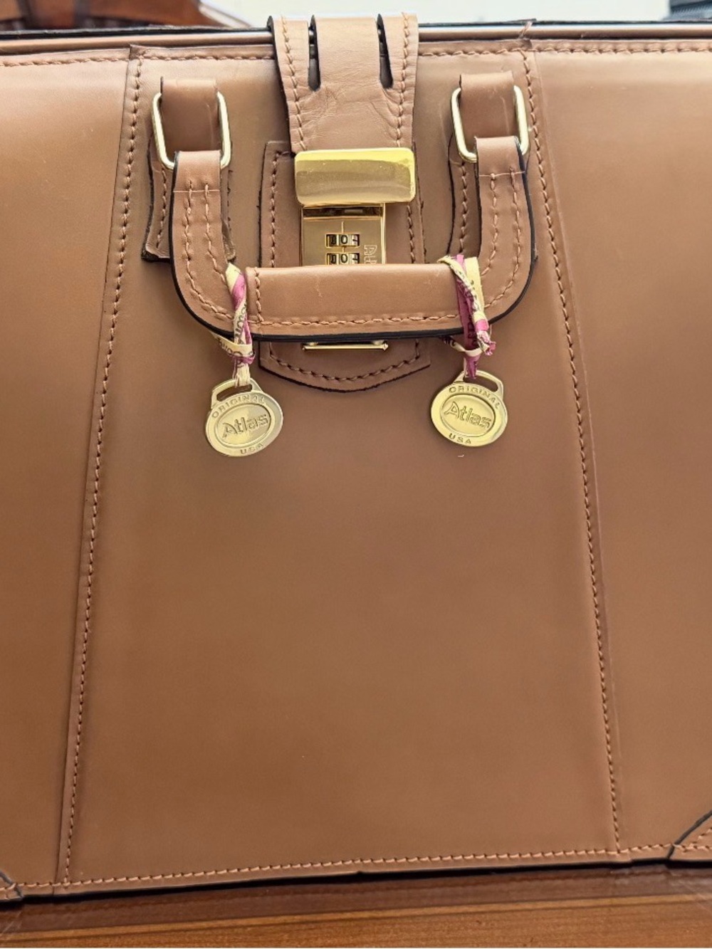 Men’s Atlas Tan Leather Structured Satchel with Gold hardware